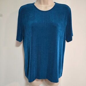 Chico's Travelers Size 1 (M) Teal Stretch Knit Cap Sleeve Round Neck Tunic Top